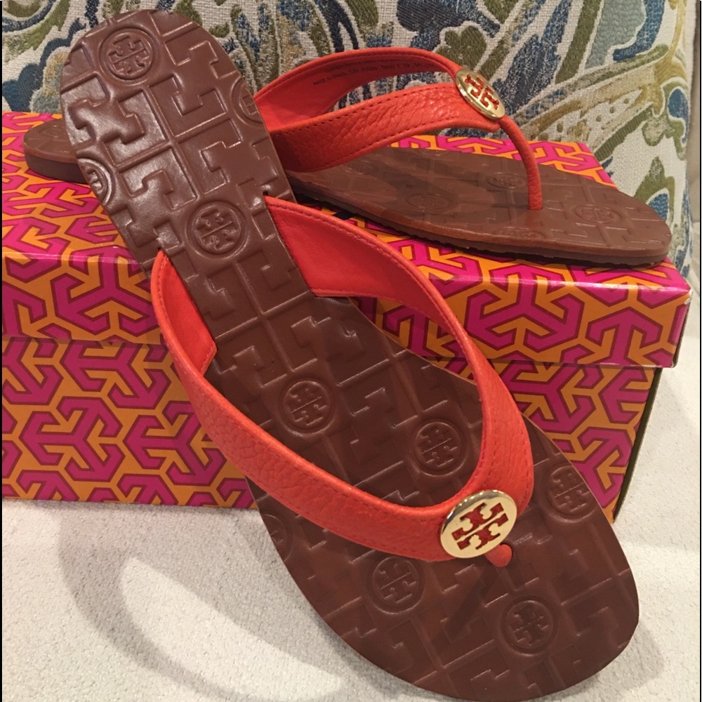 Tory Burch Orange Leather Logo Thong Sandals with Brown Footbed